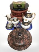 A Japanese export porcelain three piece tea service, Oriental crackle glazed candle holder,