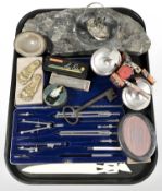 A group of precision drawing instruments, large antique key, carved bone letter opener, harmonica,