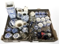 Assorted blue and white ceramics, Ringtons mugs, oriental style square section vase, ginger jars,