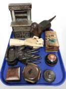 Wooden items including model of a hand, miniature kitchen dresser, carved figure of a setter,