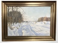 Danish School : Farmland in snow, oil on canvas, 98 cm x 69 cm.