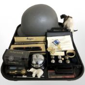 A 20th century military helmet, pens, desk bell, wristwatch, etc.