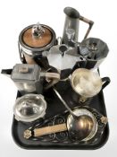 A biscuit barrel with handle, pewter and stainless steel coffee wares,