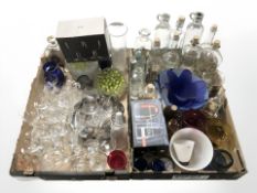 Twentieth century bottles, glass marbles, drinking glasses,