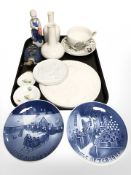 A group of Bing and Grondhal blue and white porcelain plates, Royal Copenhagen vases,