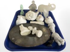 A group of resin and onyx ornaments, polished agate dish, busts, etc.