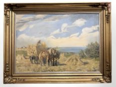 B Nyrod : Horses in a field collecting straw, oil on canvas, 100 cm x 70 cm.