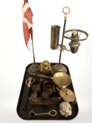 A group of brass wares, rise and fall lamp, Danish desk flagpole, copper twin handled pot and jug,