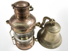 A copper and brass ships lamp (wired for electricity), signed Anchorlamp, Leeds Burton, Southampton,