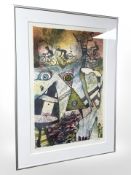 A limited edition continental print depicting cyclists, indistinctly signed, 30 cm x 46 cm.