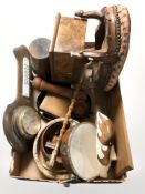 An embroidered stool, treen items, barometer,