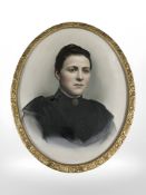 19th Century School : Head and shoulders portrait of a lady in a black buttoned dress, watercolour,