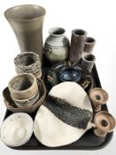 Scandinavian studio pottery vases, pair of candle holders,