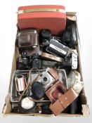 Assorted vintage cameras including Konica, Elmo Super 103T camcorder, binoculars, quartz timepieces,