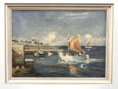 Danish School : Fishing boats in a harbour, oil on canvas, 94 cm x 67 cm.
