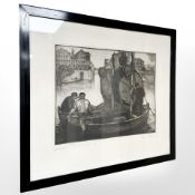 Otto Thamer : Fisherman in a boat, dry point etching, 40 cm x 31 cm, signed in pencil.