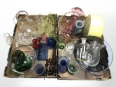 20th century coloured glass wares including drinking glasses, fruit bowls, decanter, etc.