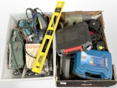 A quantity of power tools including Bosch, Newtool, Black & Decker, a drill bit set, etc.