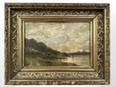 Danish School : Trees by a lake, oil on panel, 29 cm x 19 cm.