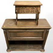 An oak fall front side cabinet, width 90 cm, and a small carved stool.
