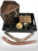 Two aboriginal style boomerangs, inlaid jewellery box, ostrich egg decorated with a map of Africa,