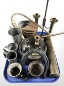 Copper watering can, inert brass shell, pewter tankards,