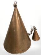 A 20th century Scandinavian copper conical light shade, height 38 cm excluding chain and fitting.