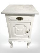A painted and white marble topped pot cupboard, width 40 cm.