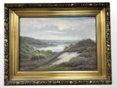 H Mostund : A view towards a river estuary, oil on canvas, 64 cm x 44 cm.