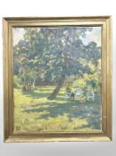 Danish School : Figures seated by a tree, oil on canvas, 59 cm x 69 cm.