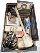 A quantity of treen items, reproduction icon, stringed instrument made from a tortoise shell,