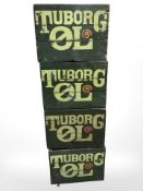 Four vintage painted pine Tuborg bottle crates, width 48 cm.