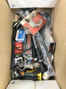 Assorted cycling tools and components, air pump, brakes, frame lock, etc.