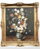 Harold Whitaker (20th century) Still life of flowers in a Delft vase, oil on canvas, 60cm by 50cm.