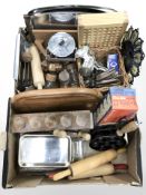 A quantity of continental home wares including stainless steel teak handled serving platters,