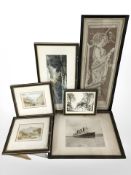 A group of antiquarian pictures and prints, monochrome photograph of the Aquitania at sea,