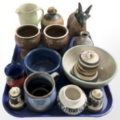 A group of Scandinavian studio pottery wares including figure of a goat, mugs and goblets, bell,