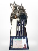 An EPNS gallery serving tray, tea service, pair of sifters, boxed cutlery, drinking glasses,