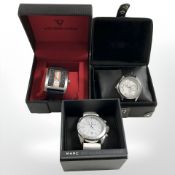 Three modern gent's wristwatches by Marc Jacobs, Velocitech and W2.