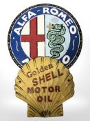 An Alfa Romeo painted cast iron plaque and a Shell plaque, largest 24 cm diameter.