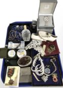 A group of lady's and gents wristwatches, two Crummles enameled pillboxes, costume jewellery,