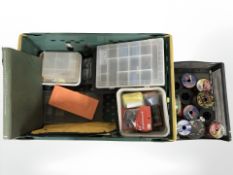 A collection of fishing equipment including pair of wellington boots size 11, reels, hooks,