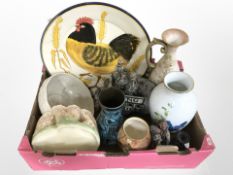 A group of porcelain and earthenware vases, large Portuguese terracotta charger depicting chickens,