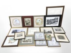 Assorted pictures and prints, 19th century hand coloured engravings,
