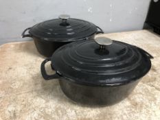 Two Vogue enameled cast iron twin handled casserole dishes, each 38 cm wide,