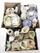 Assorted ceramics including Churchill blue and white dinner wares, fruit patterned earthenware jugs,