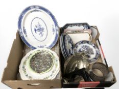 Various blue and white plates, Wood & Sons oval meat platter,
