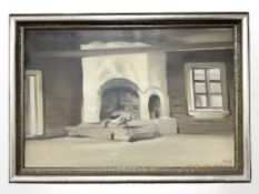 Danish School : A large stone hearth in cottage interior, oil on canvas,