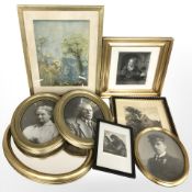 A group of gilt framed pictures and prints, oval mirror, etc.