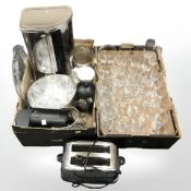 Assorted modern drinking glasses, kitchen wares, stainless steel toaster, etc.